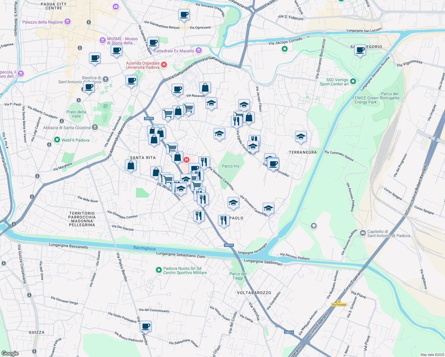 map of restaurants, bars, coffee shops, grocery stores, and more near 113 Via Giovanni Canestrini in Padua