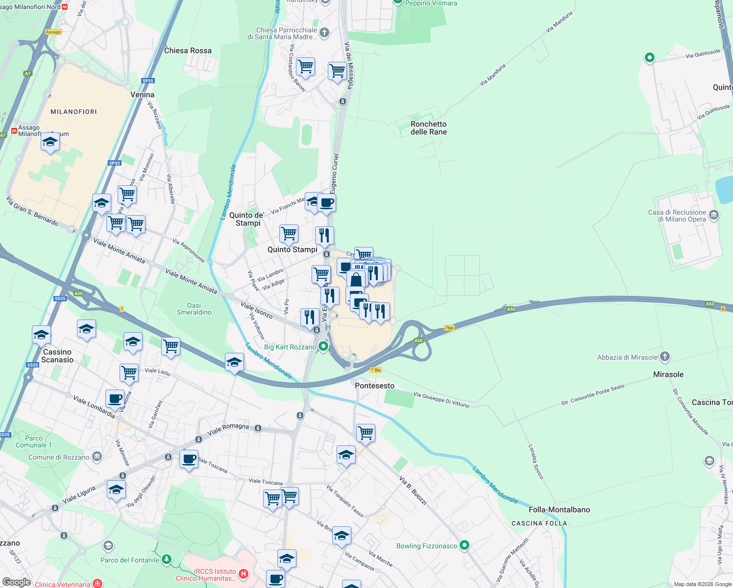 map of restaurants, bars, coffee shops, grocery stores, and more near 25 Via Eugenio Curiel in Rozzano