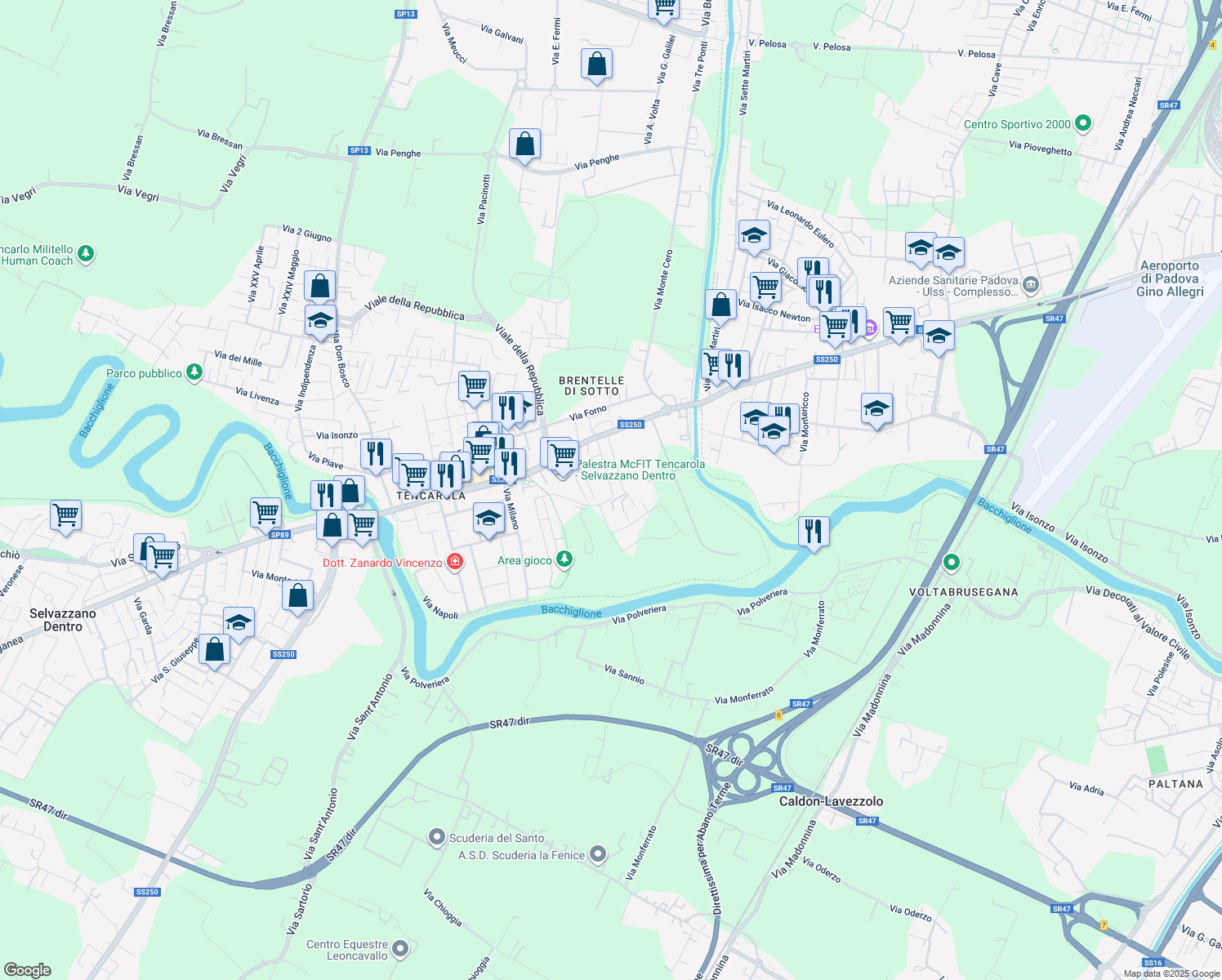 map of restaurants, bars, coffee shops, grocery stores, and more near 15 Via Trento in Selvazzano Dentro