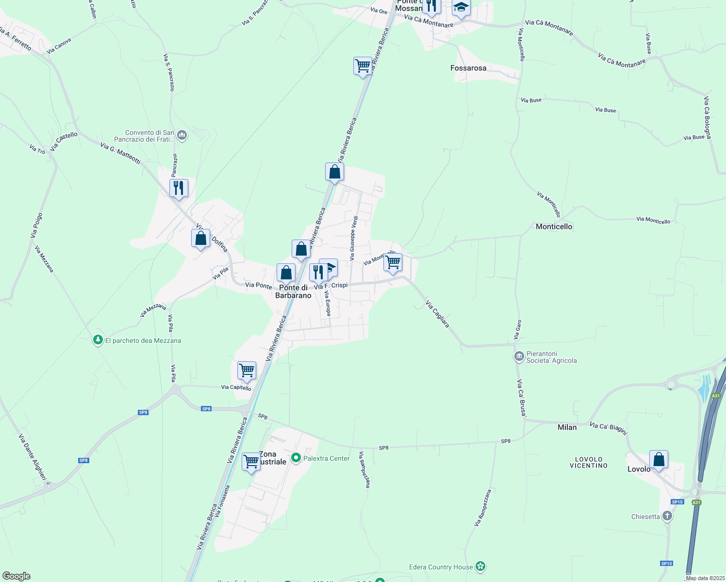 map of restaurants, bars, coffee shops, grocery stores, and more near 41 Via Montagnola in Ponte di Barbarano
