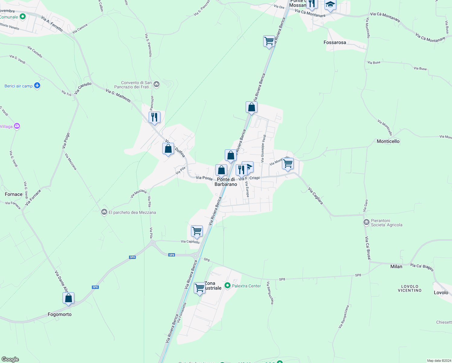 map of restaurants, bars, coffee shops, grocery stores, and more near 23 Via Riviera Berica in Ponte di Barbarano