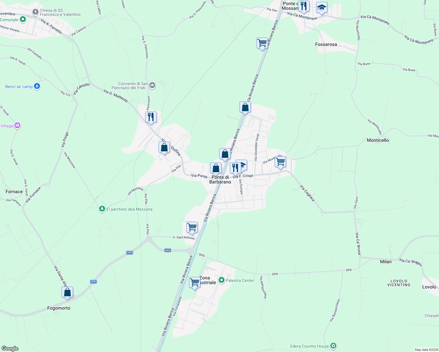 map of restaurants, bars, coffee shops, grocery stores, and more near 71 Via Riviera Berica in Ponte di Barbarano
