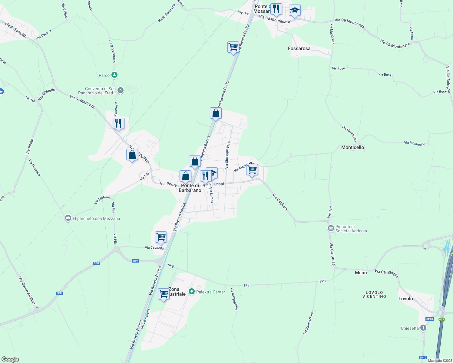 map of restaurants, bars, coffee shops, grocery stores, and more near 2 Via Giuseppe Verdi in Ponte di Barbarano