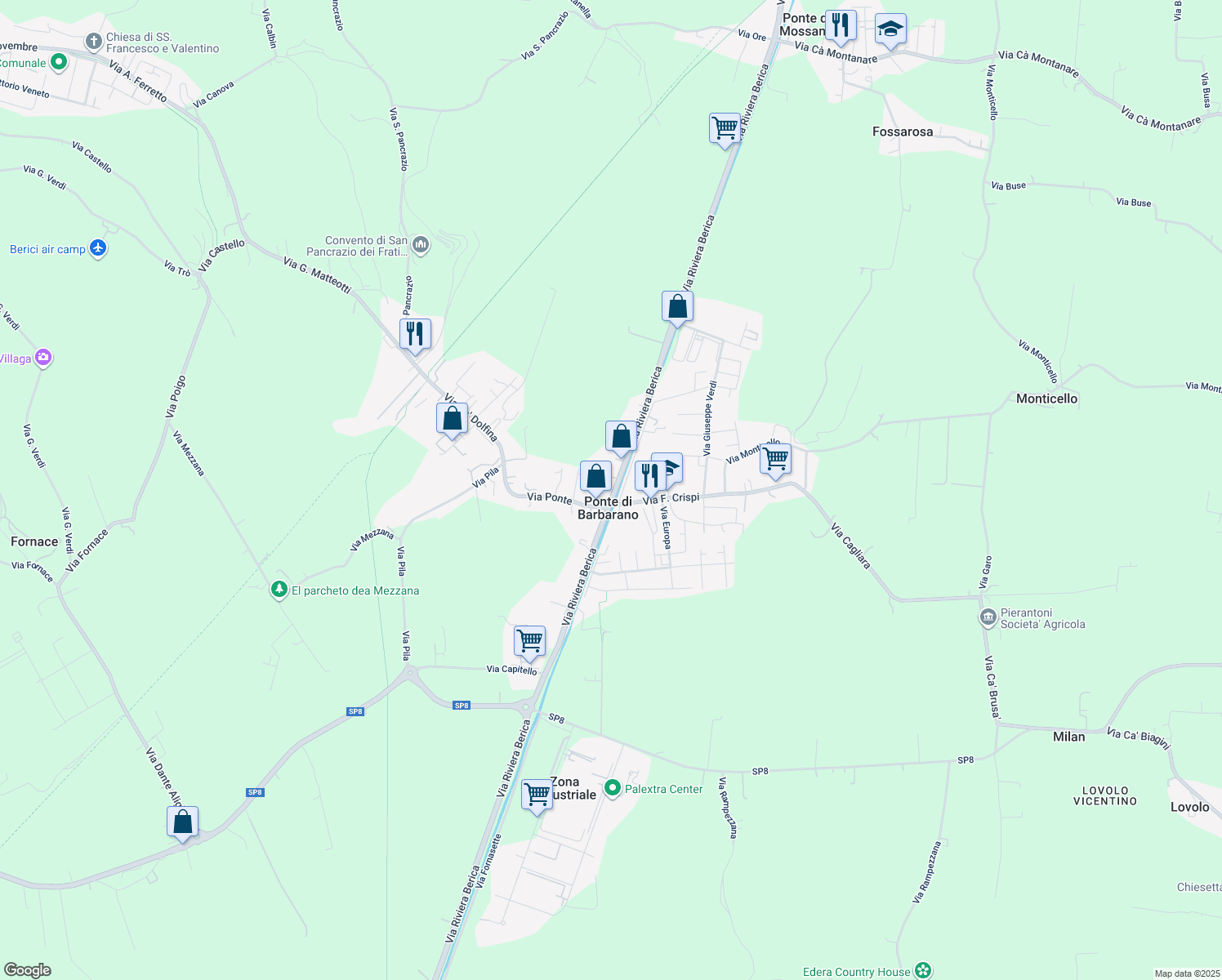 map of restaurants, bars, coffee shops, grocery stores, and more near 71 Via Riviera Berica in Ponte di Barbarano