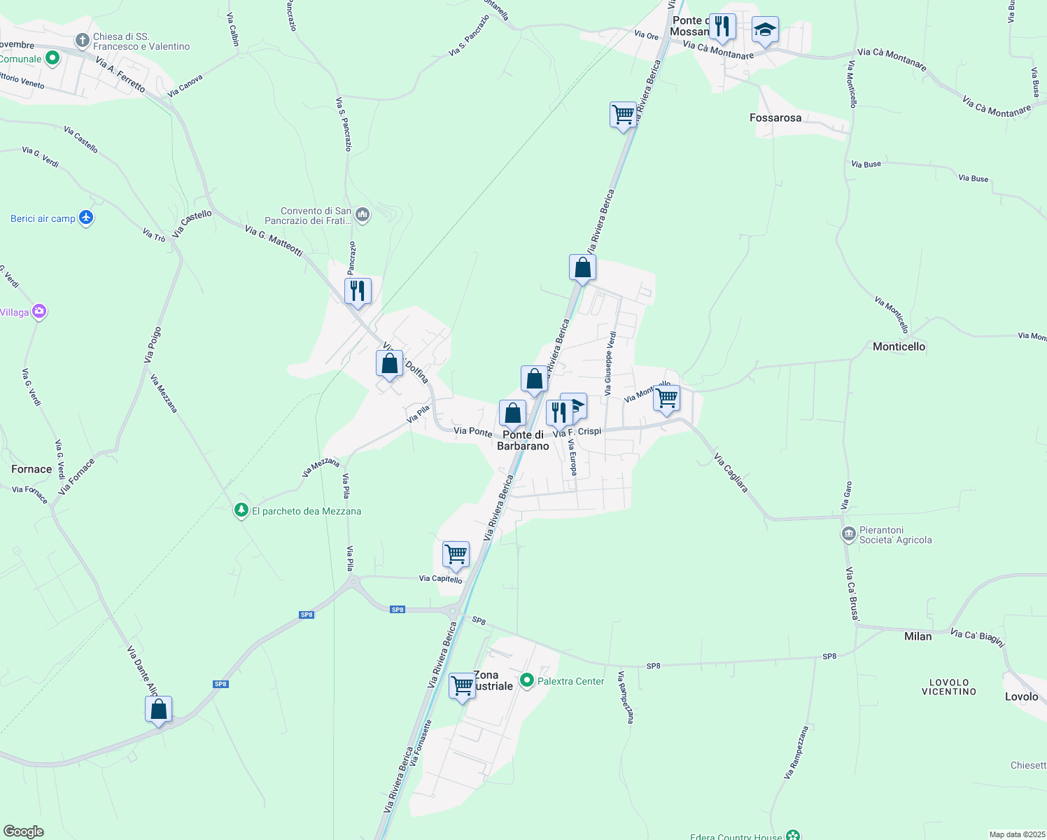 map of restaurants, bars, coffee shops, grocery stores, and more near 71 Via Riviera Berica in Ponte di Barbarano
