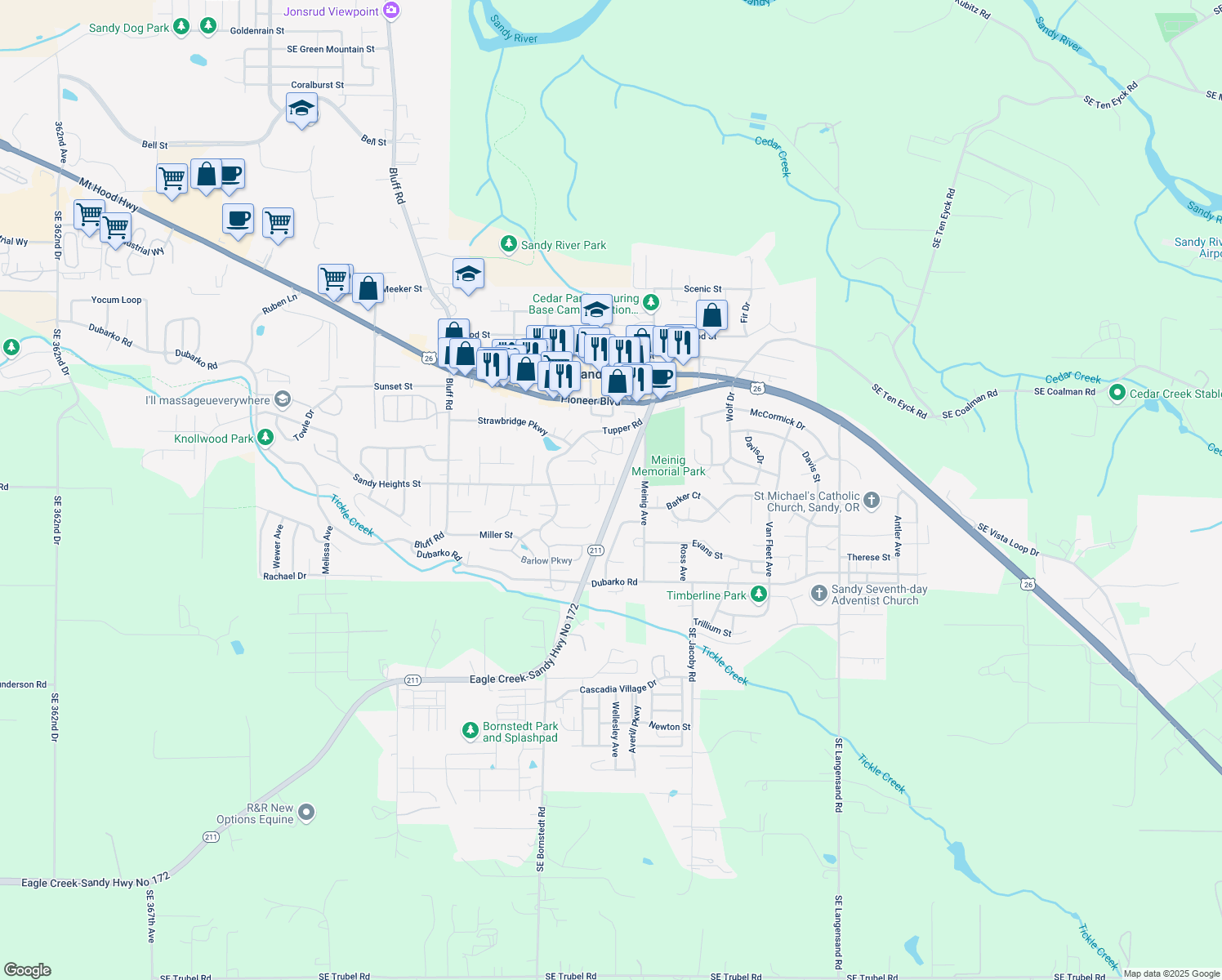 map of restaurants, bars, coffee shops, grocery stores, and more near 39060 Sandy Heights St in Sandy