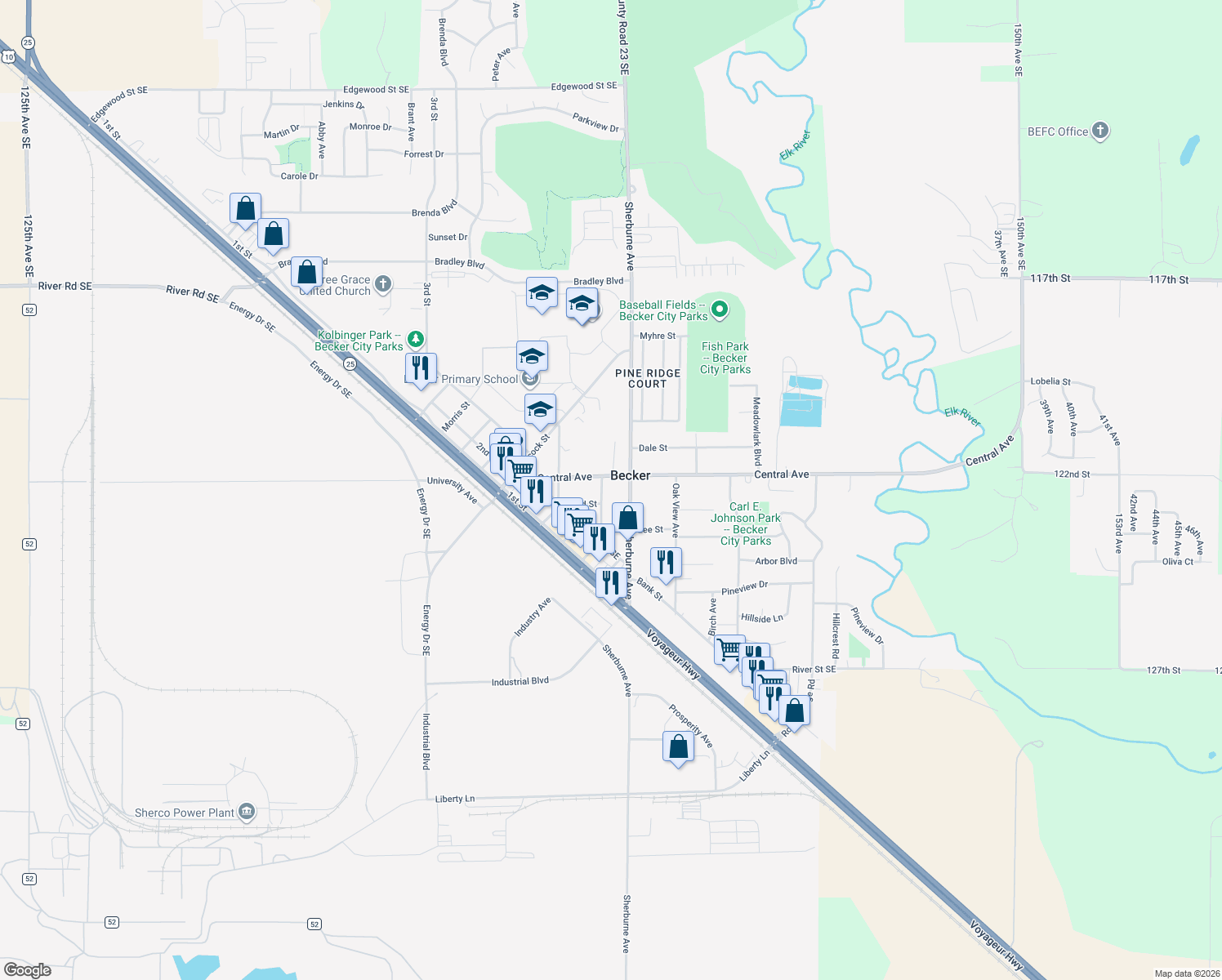 map of restaurants, bars, coffee shops, grocery stores, and more near 13925 Central Avenue in Becker