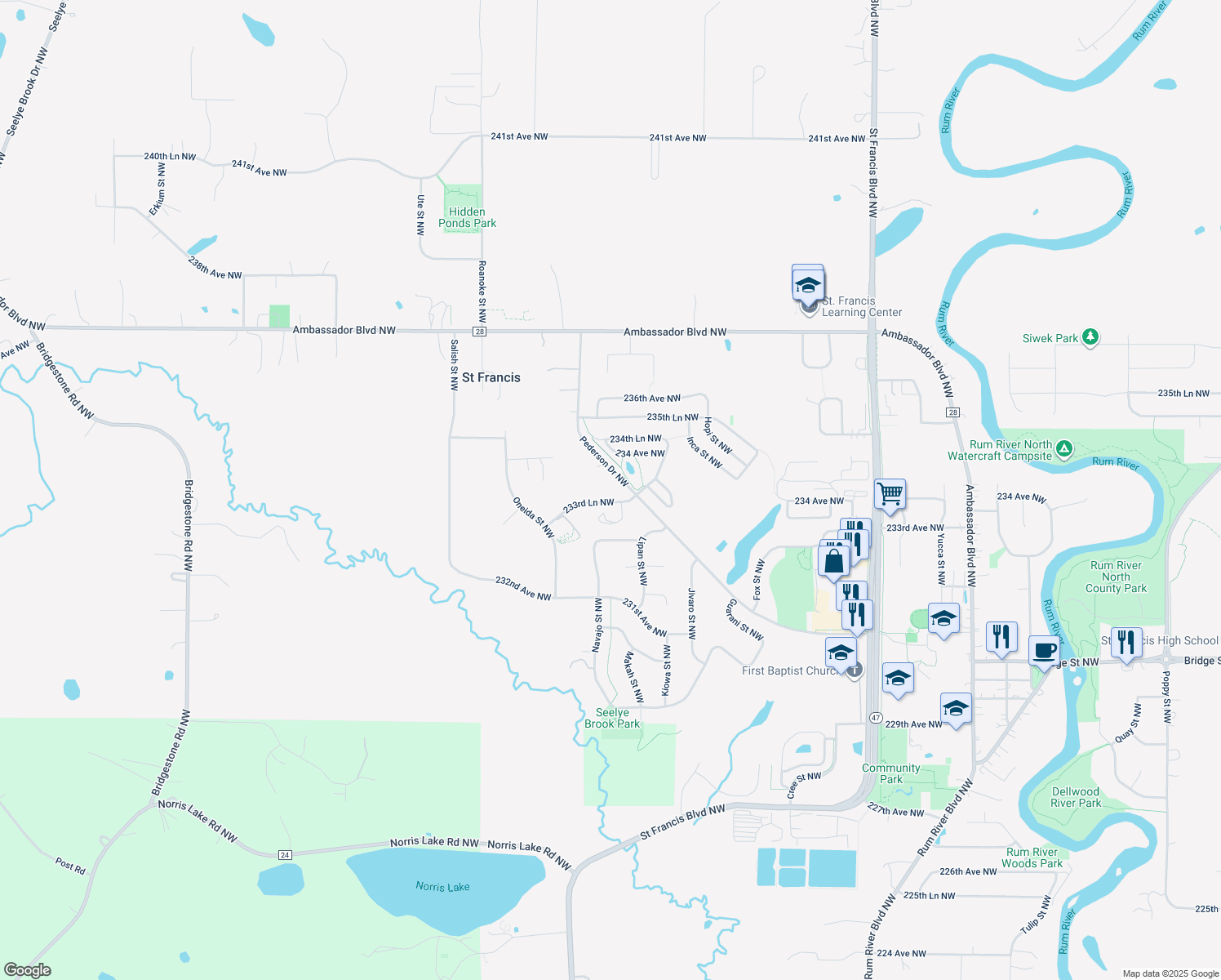 map of restaurants, bars, coffee shops, grocery stores, and more near 4553 233rd Lane Northwest in Saint Francis