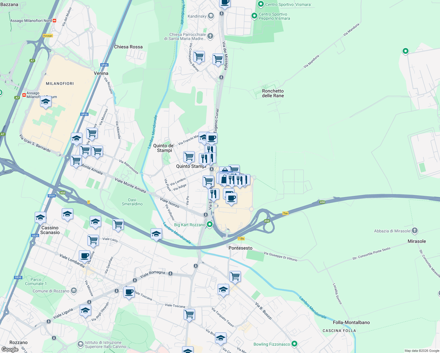 map of restaurants, bars, coffee shops, grocery stores, and more near 25 Via Eugenio Curiel in Rozzano