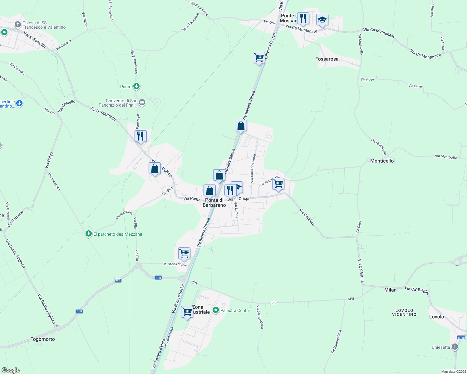 map of restaurants, bars, coffee shops, grocery stores, and more near 8 Via Papa Giovanni XXIII in Ponte di Barbarano