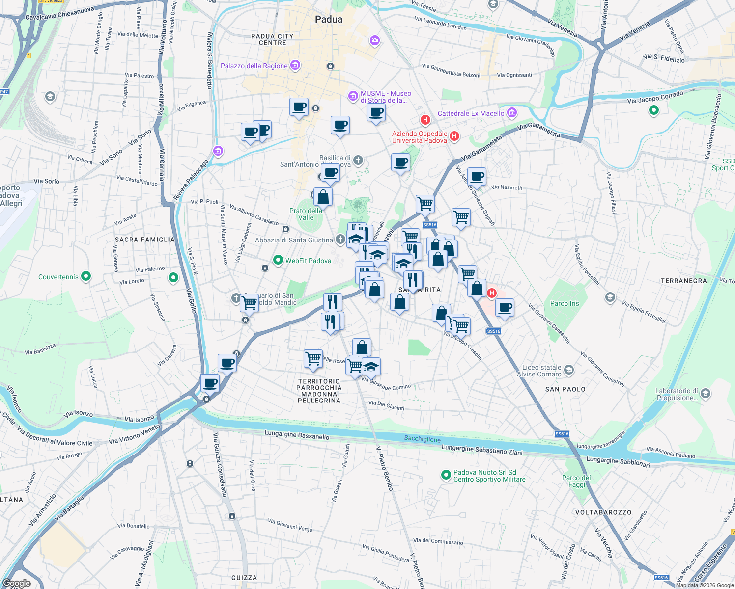 map of restaurants, bars, coffee shops, grocery stores, and more near 2 Via Jacopo Crescini in Padova