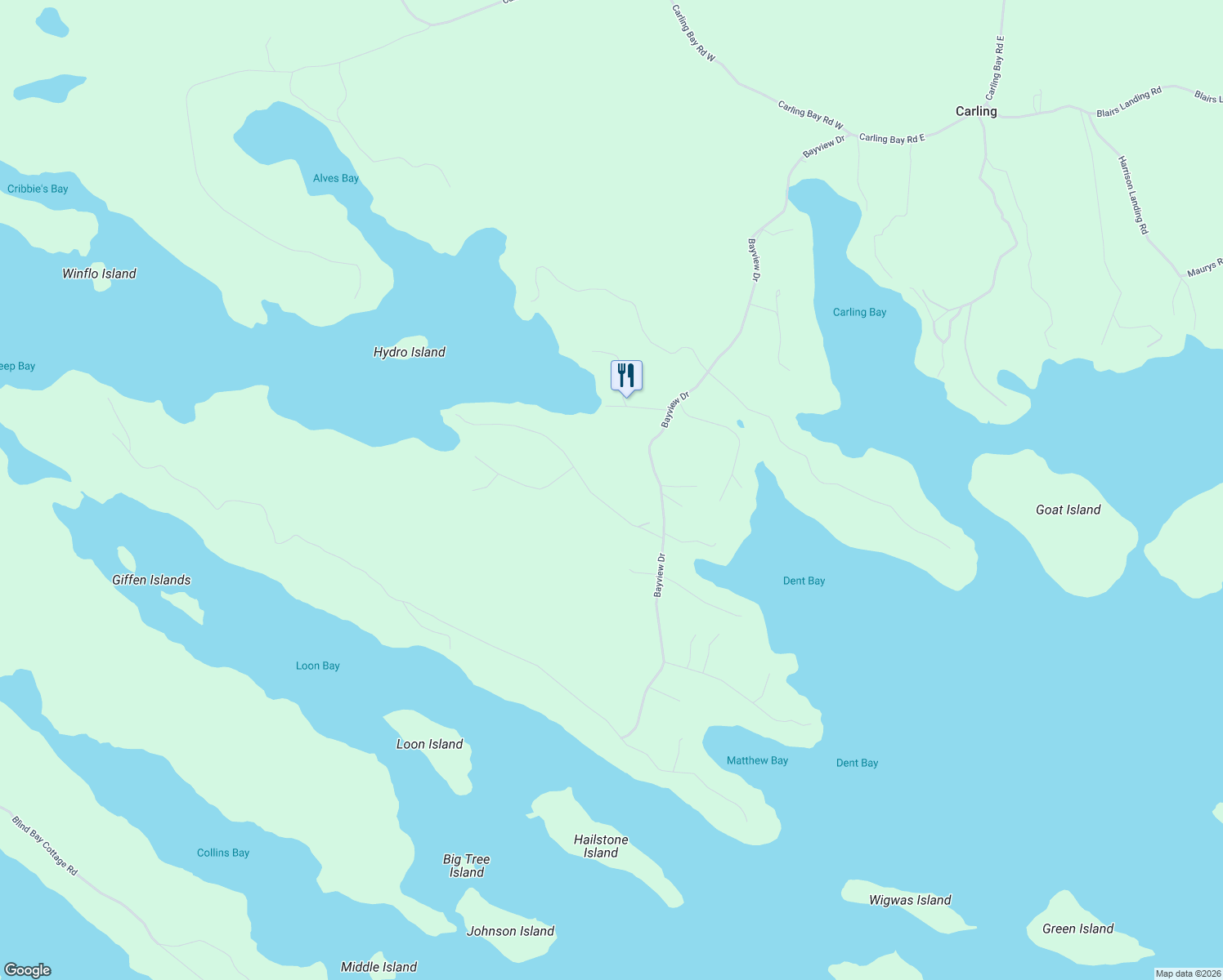 map of restaurants, bars, coffee shops, grocery stores, and more near Ridgeway Drive in Parry Sound District