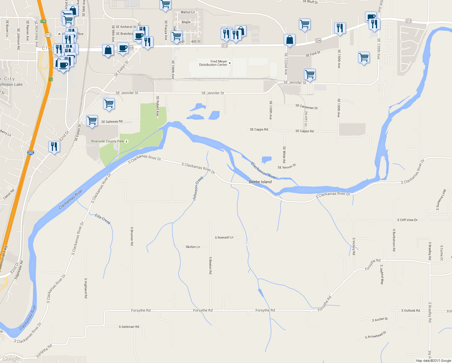 map of restaurants, bars, coffee shops, grocery stores, and more near 15555 South Clackamas River Drive in Oregon City