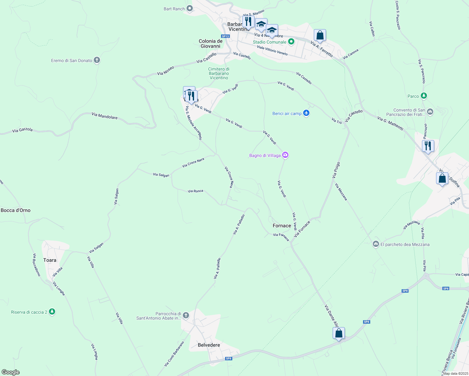 map of restaurants, bars, coffee shops, grocery stores, and more near 7 Via Croce Nera in Provincia di Vicenza