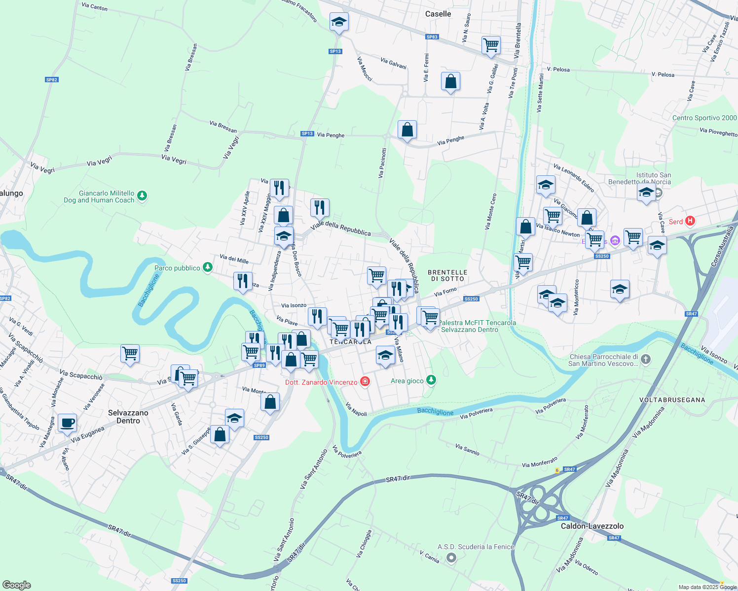 map of restaurants, bars, coffee shops, grocery stores, and more near 18 Via Redipuglia in Selvazzano Dentro