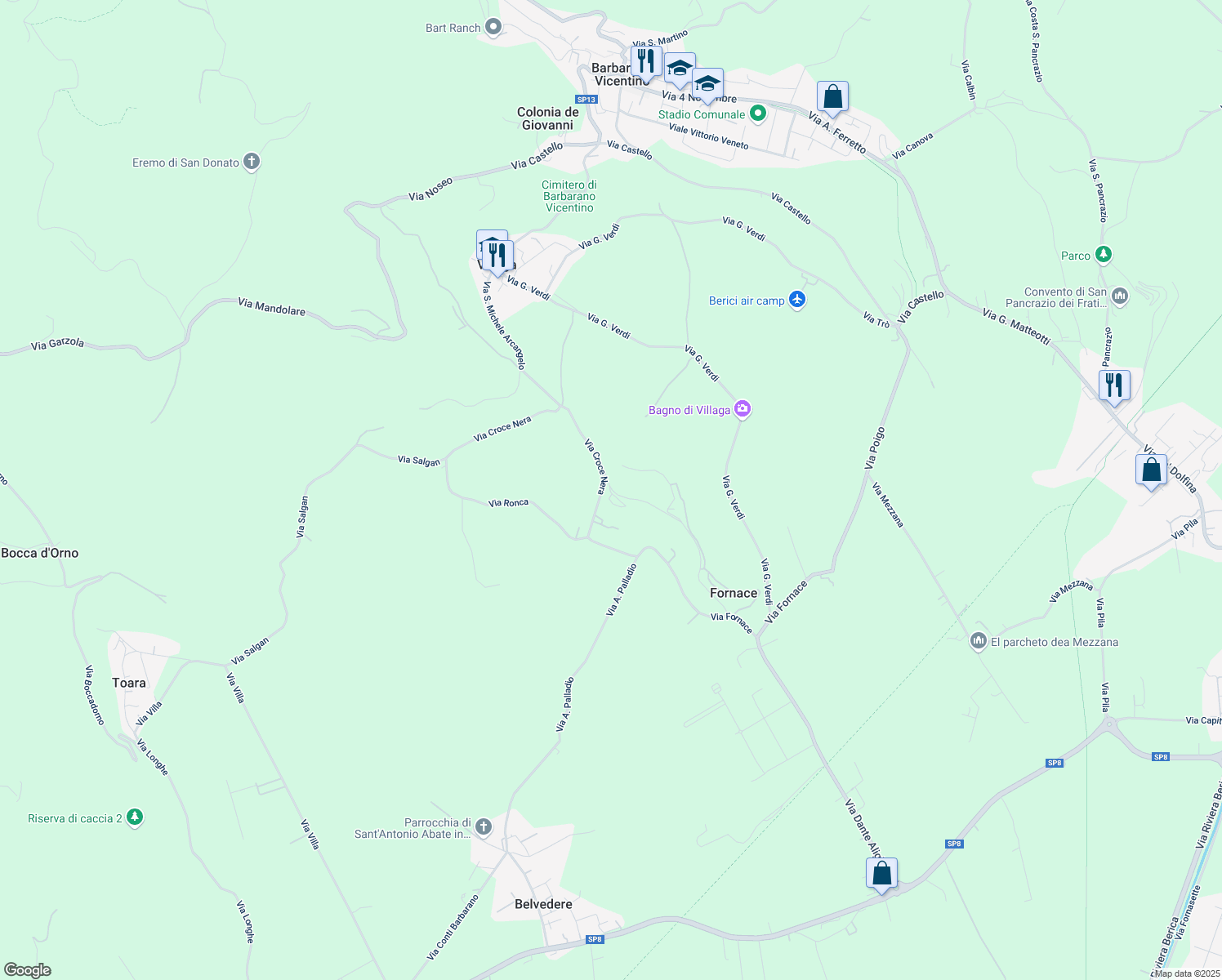map of restaurants, bars, coffee shops, grocery stores, and more near 7 Via Croce Nera in Provincia di Vicenza