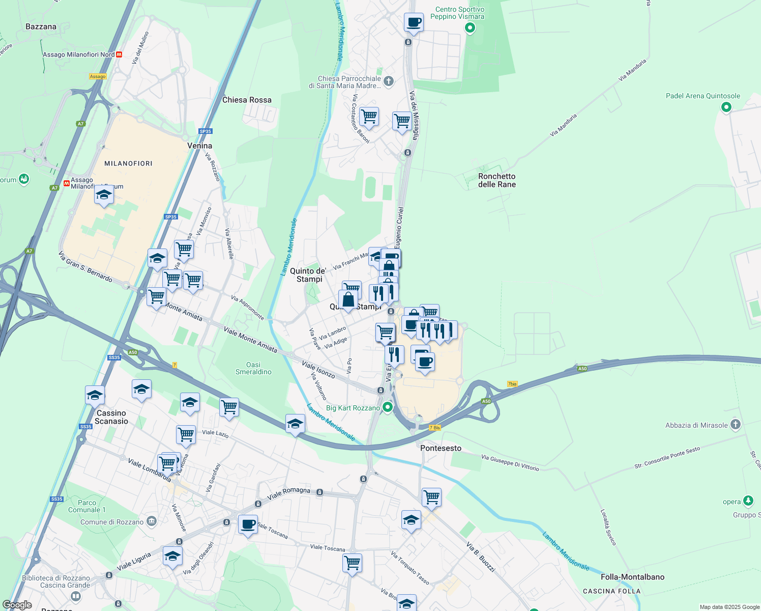 map of restaurants, bars, coffee shops, grocery stores, and more near 100 Via Eugenio Curiel in Rozzano