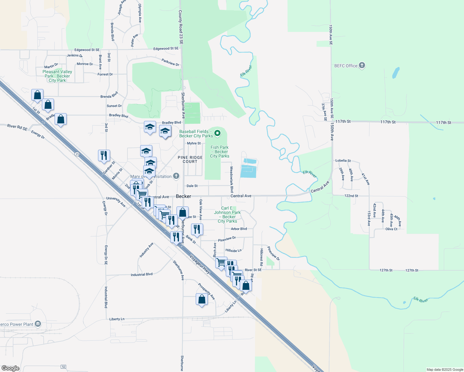 map of restaurants, bars, coffee shops, grocery stores, and more near 12105 Meadowlark Boulevard in Becker