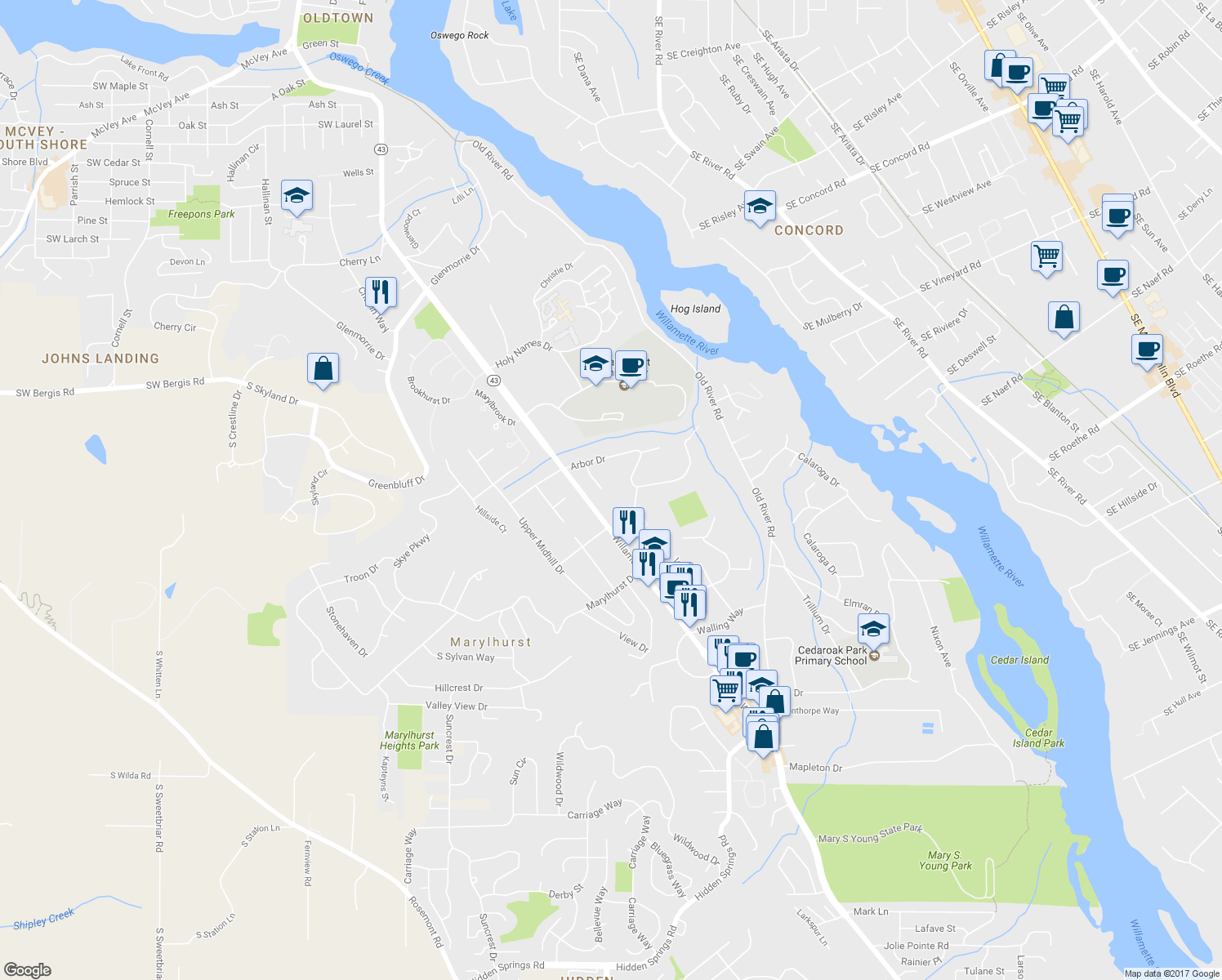 map of restaurants, bars, coffee shops, grocery stores, and more near 2636 Maria Court in West Linn