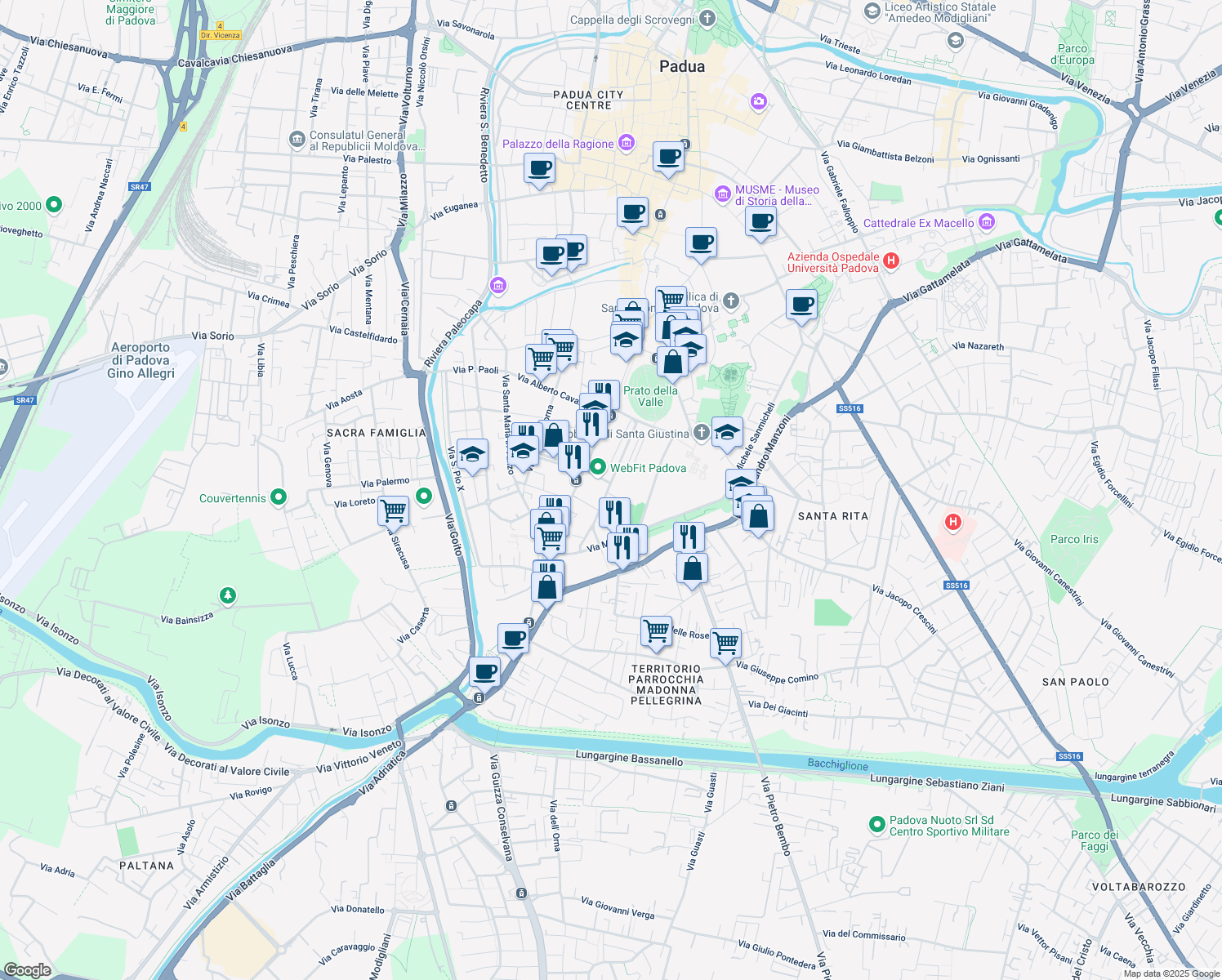 map of restaurants, bars, coffee shops, grocery stores, and more near 3 Via Giosuè Carducci in Padova