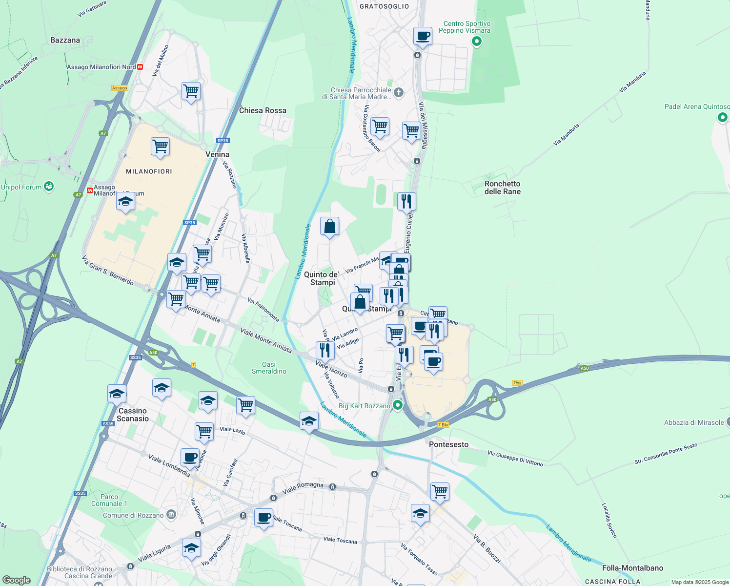 map of restaurants, bars, coffee shops, grocery stores, and more near 40 Via Tevere in Rozzano
