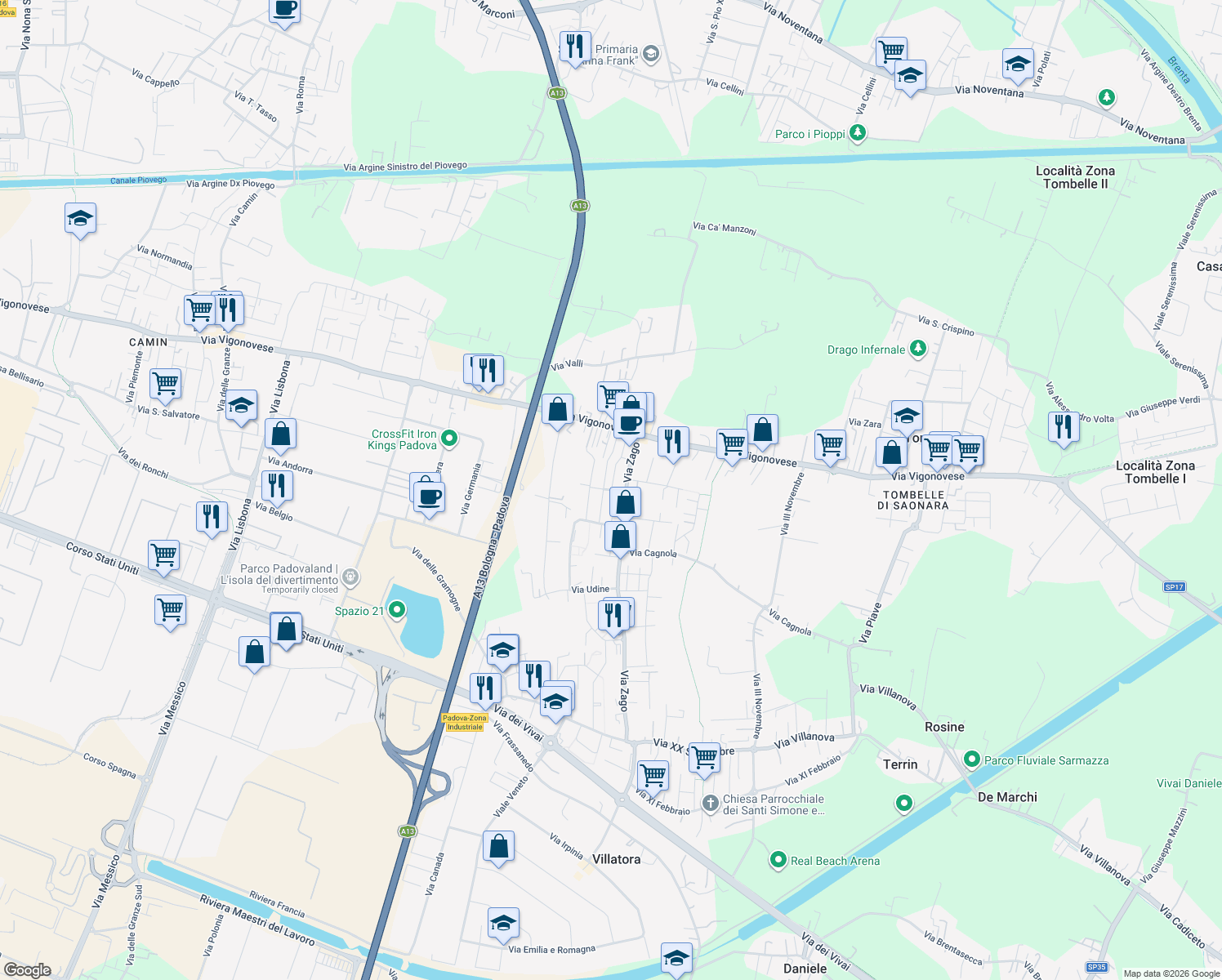 map of restaurants, bars, coffee shops, grocery stores, and more near 83 Via Zago in Villatora