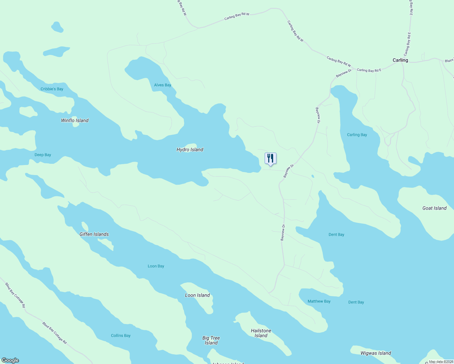 map of restaurants, bars, coffee shops, grocery stores, and more near 24 Indian Grove Road in Parry Sound