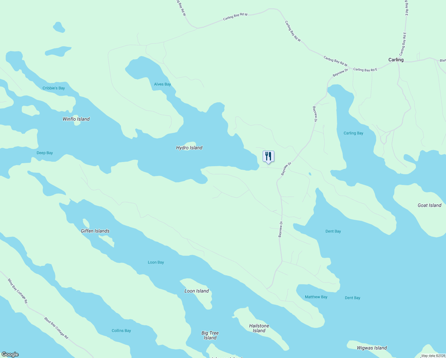 map of restaurants, bars, coffee shops, grocery stores, and more near 24 Indian Grove Road in Parry Sound