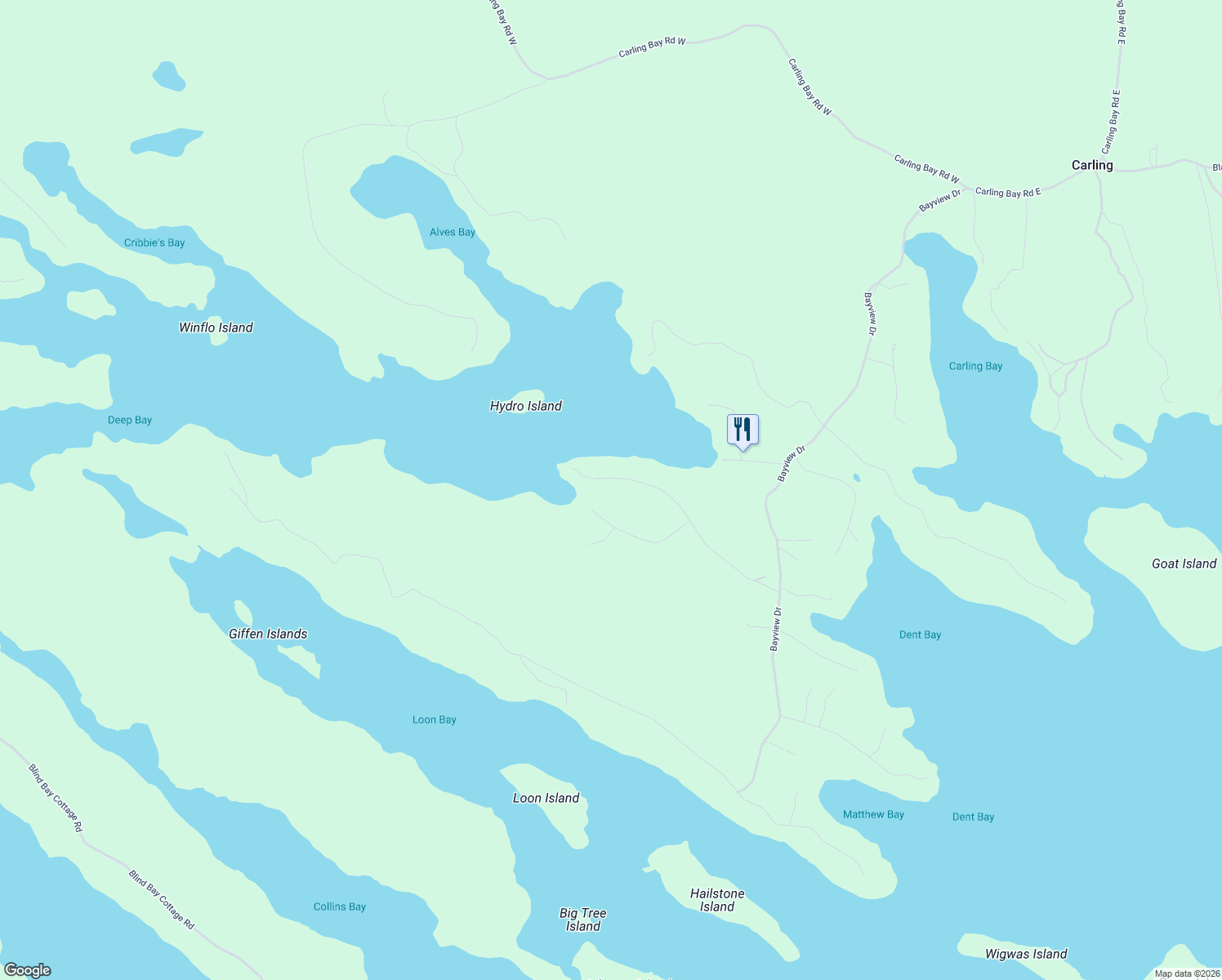 map of restaurants, bars, coffee shops, grocery stores, and more near 24 Indian Grove Road in Parry Sound