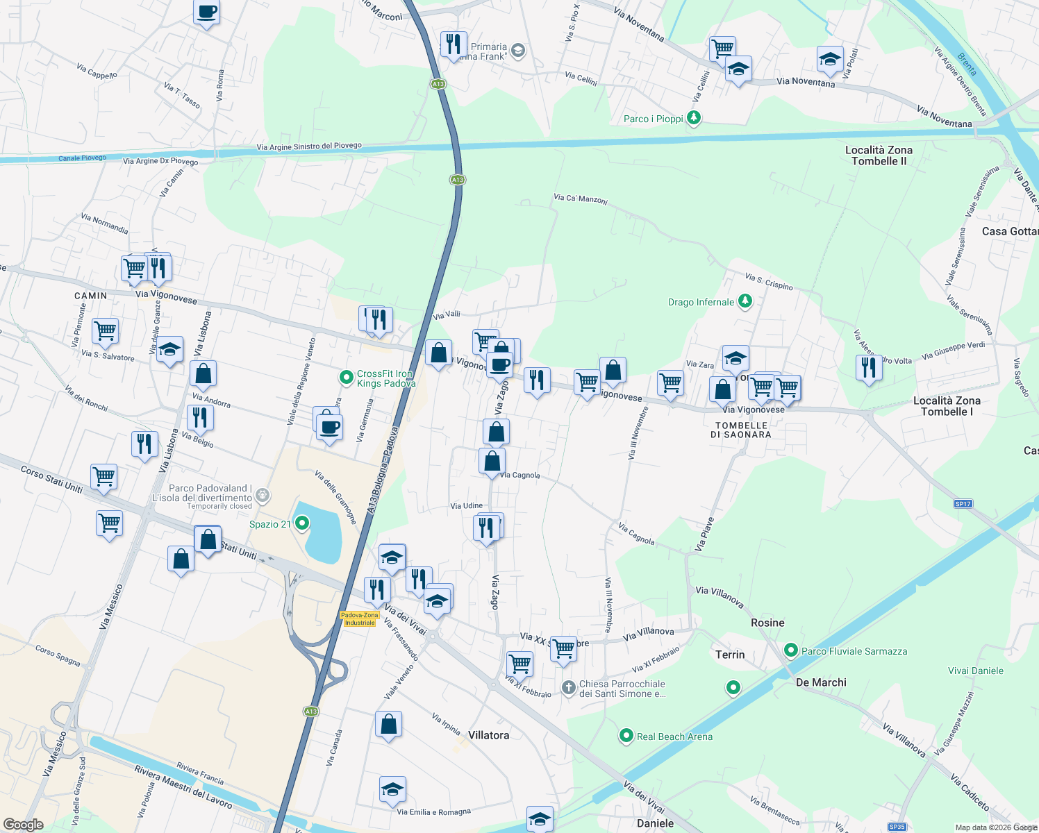 map of restaurants, bars, coffee shops, grocery stores, and more near 6 Via Parma in Villatora