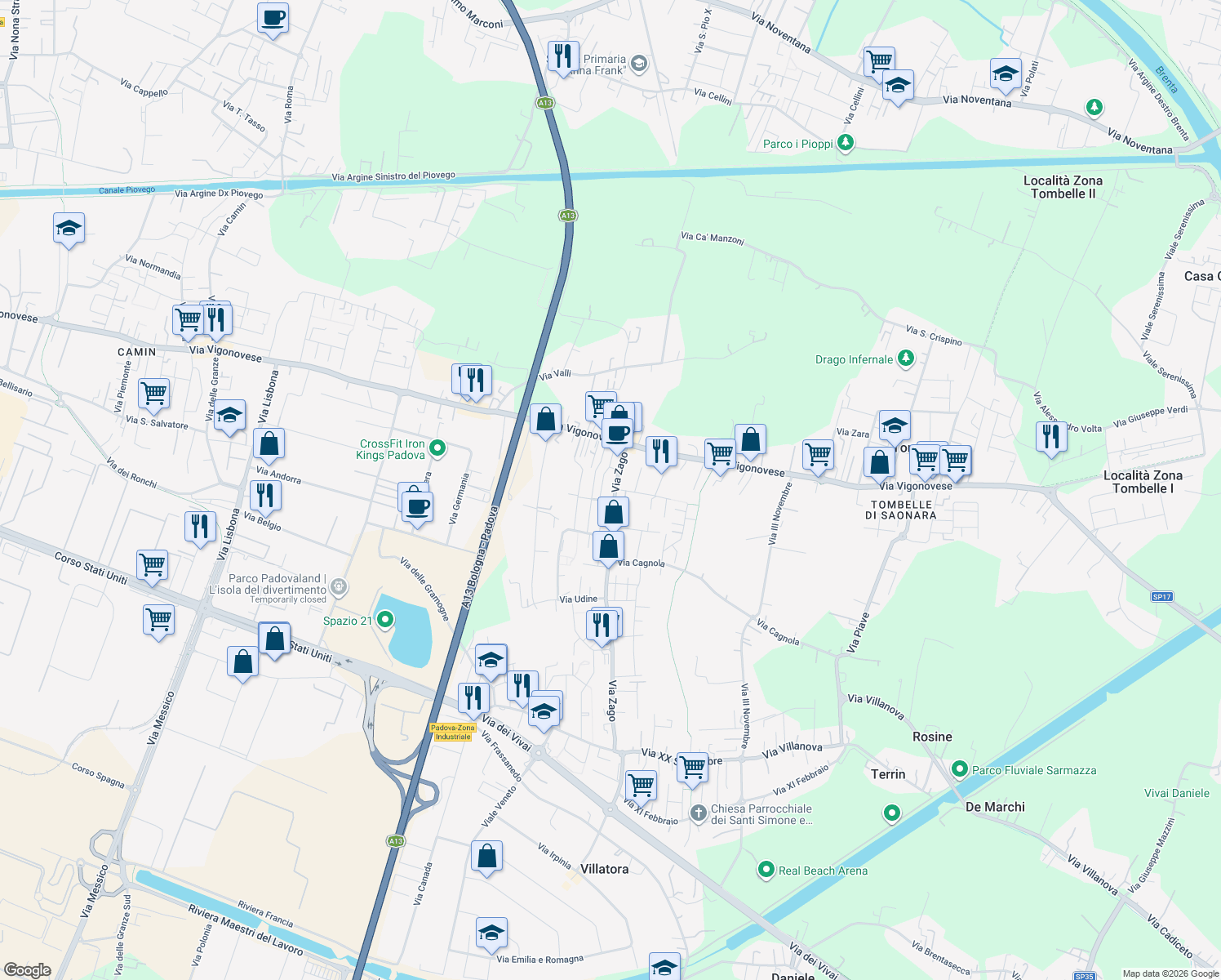 map of restaurants, bars, coffee shops, grocery stores, and more near 83 Via Zago in Villatora