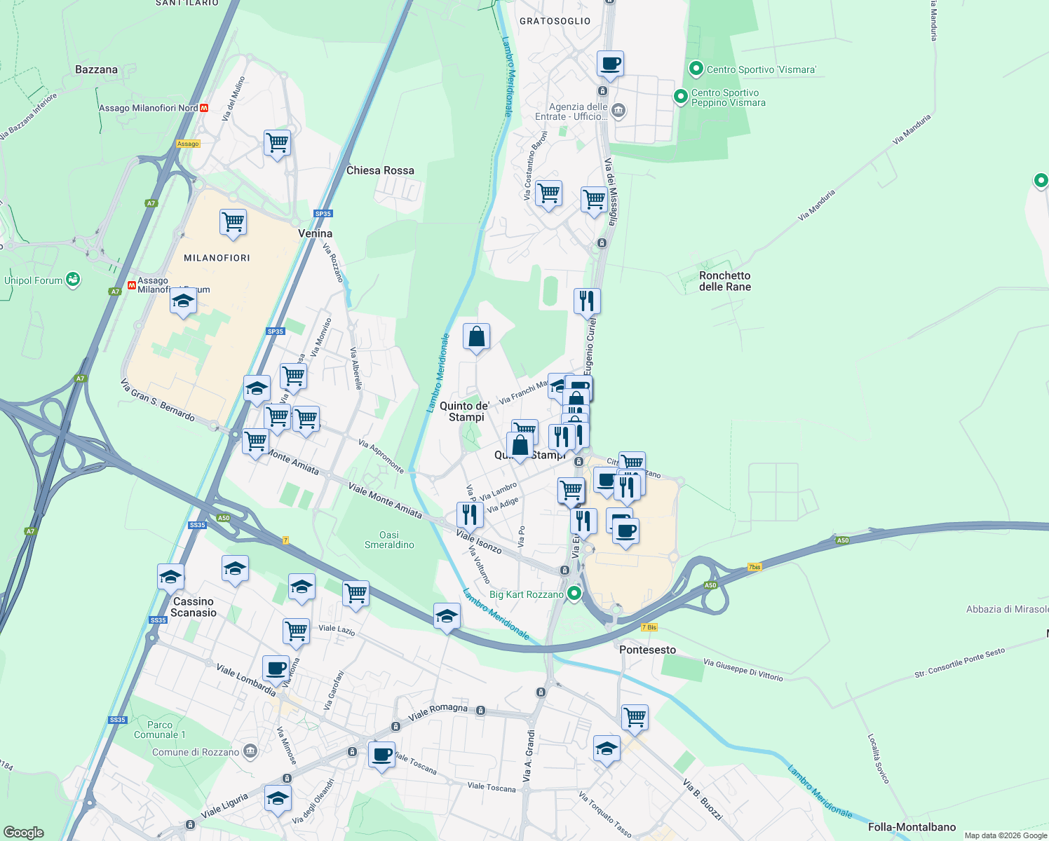 map of restaurants, bars, coffee shops, grocery stores, and more near 40 Via Tevere in Rozzano
