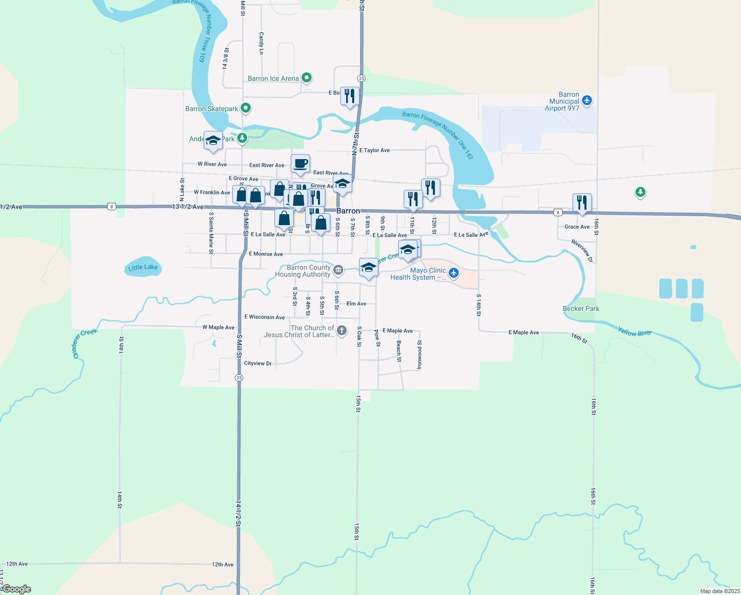 map of restaurants, bars, coffee shops, grocery stores, and more near 335 Pine Street in Barron