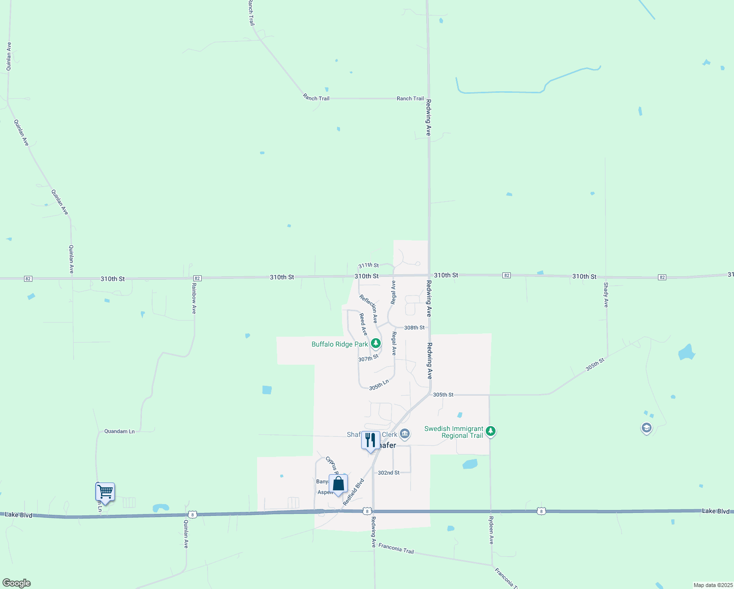 map of restaurants, bars, coffee shops, grocery stores, and more near 30869 Reflection Avenue in Shafer