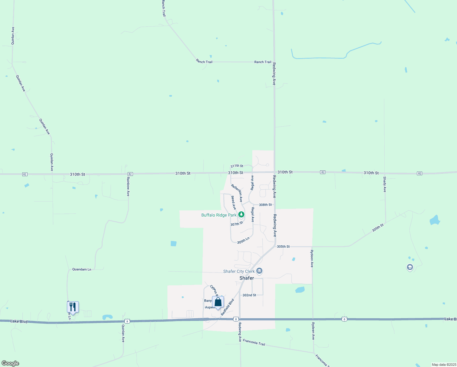 map of restaurants, bars, coffee shops, grocery stores, and more near 30884 Reflection Avenue in Shafer