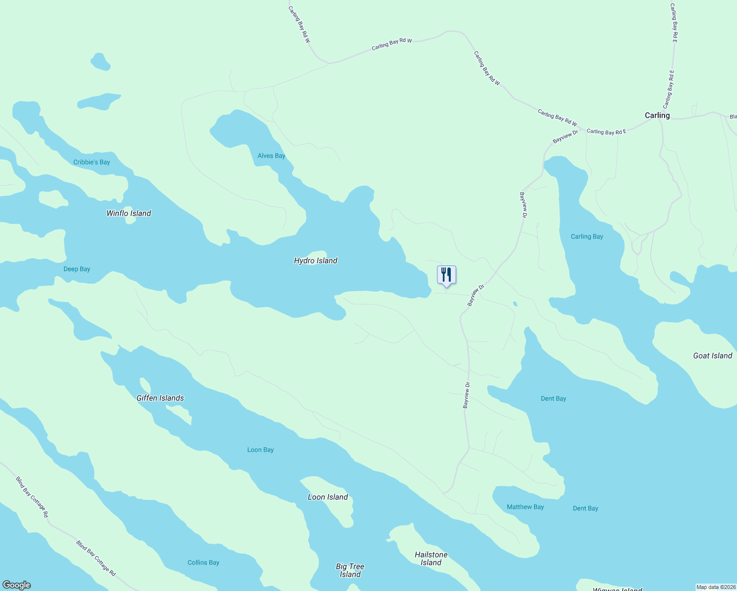 map of restaurants, bars, coffee shops, grocery stores, and more near 24 Indian Grove Road in Parry Sound