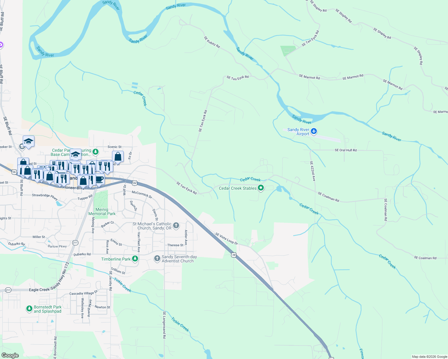 map of restaurants, bars, coffee shops, grocery stores, and more near 41051 Southeast Coalman Road in Sandy