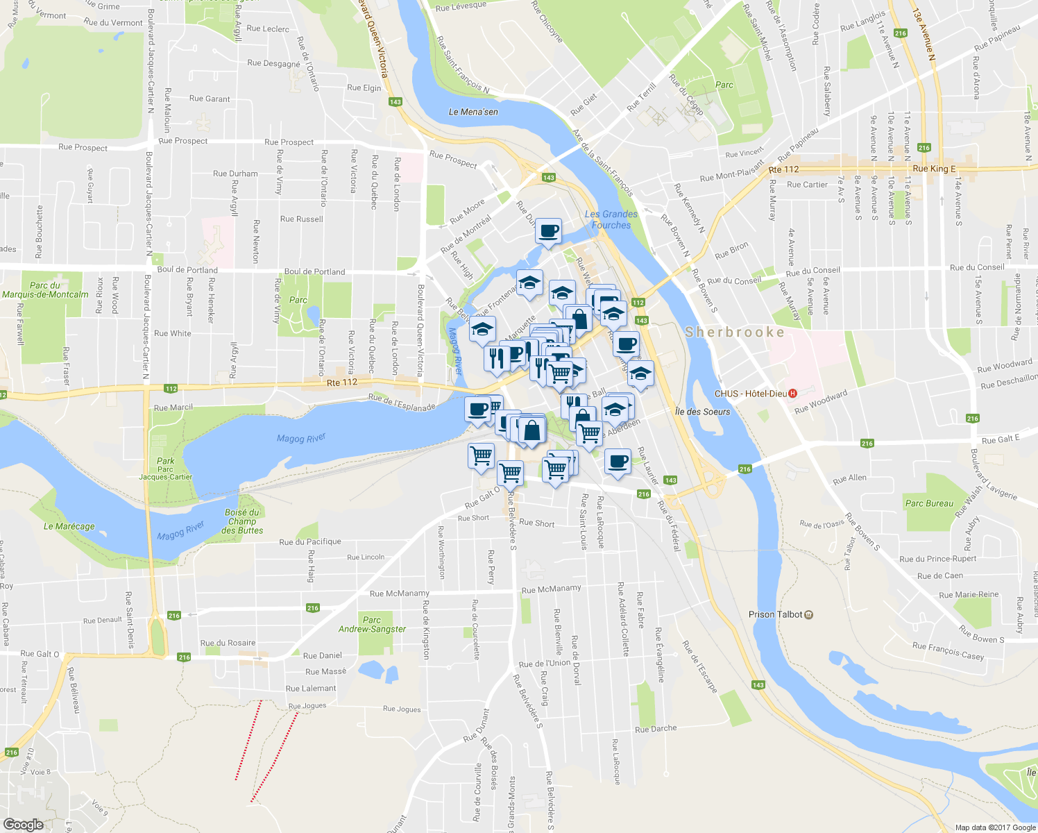 map of restaurants, bars, coffee shops, grocery stores, and more near 100 Rue Belvédère Sud in Sherbrooke
