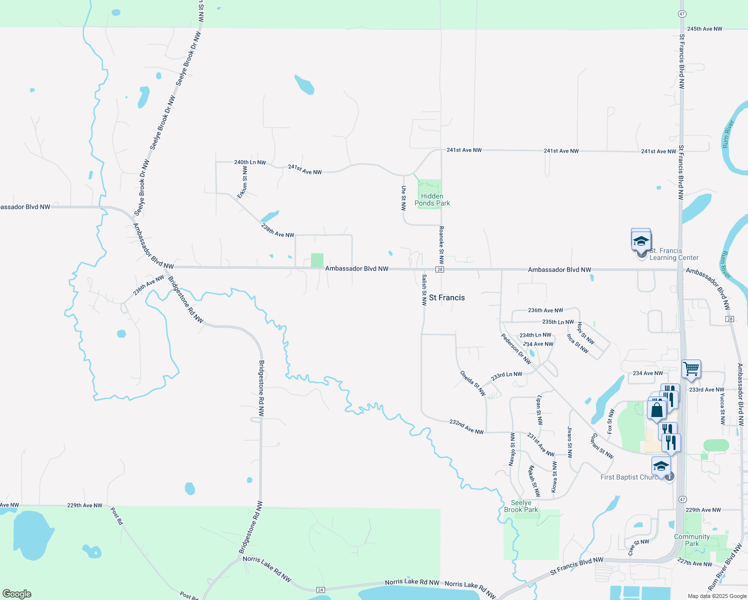 map of restaurants, bars, coffee shops, grocery stores, and more near 5036 Ambassador Boulevard Northwest in St. Francis