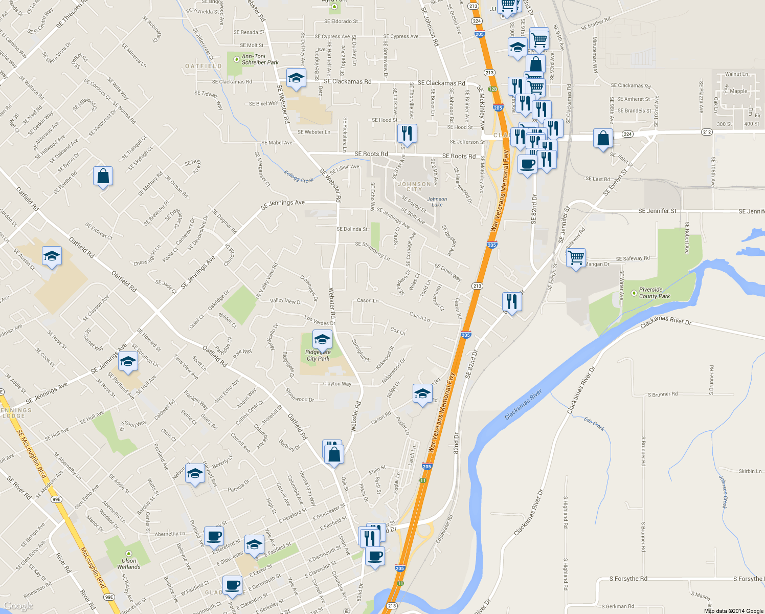 map of restaurants, bars, coffee shops, grocery stores, and more near 7610 Cason Lane in Gladstone