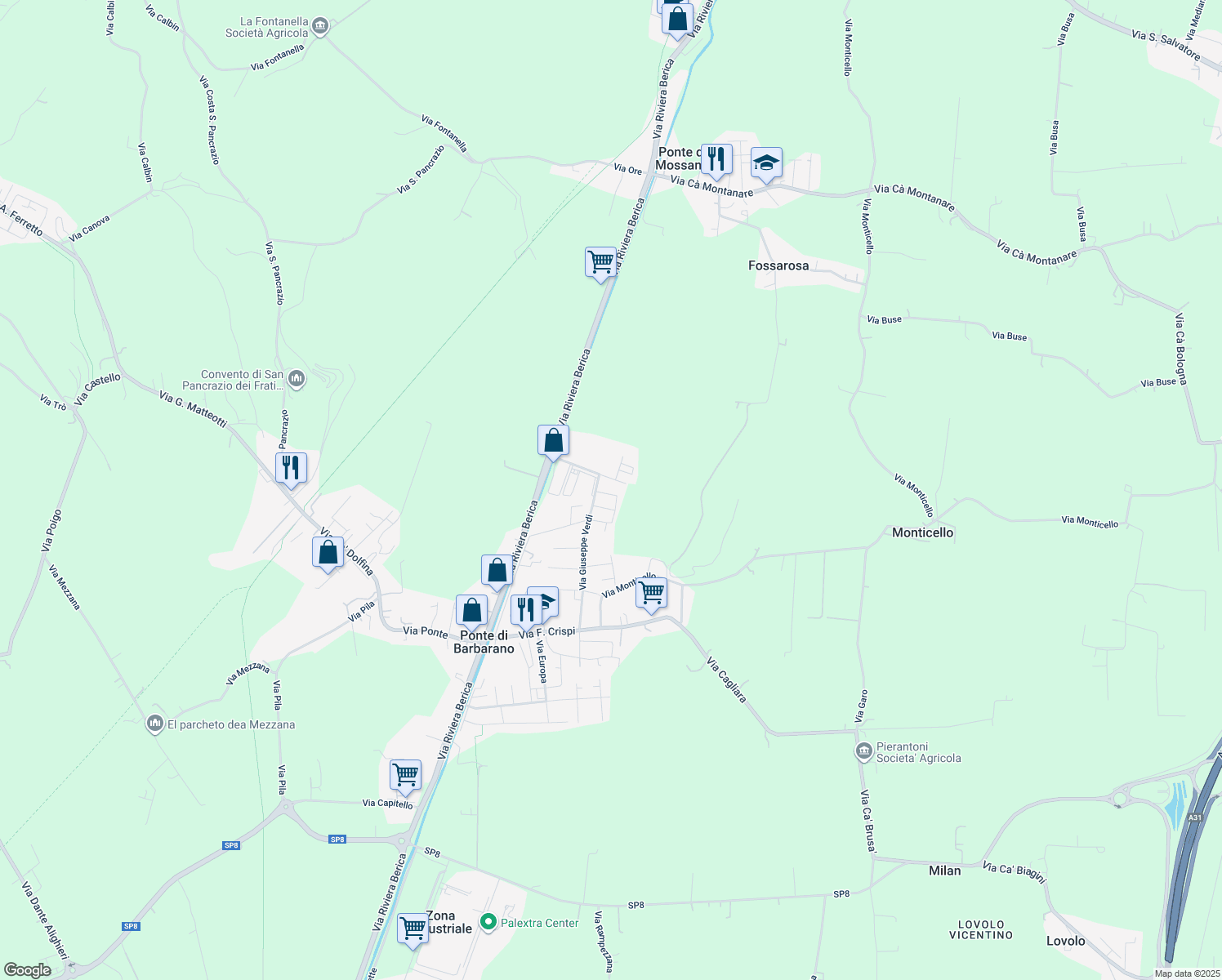 map of restaurants, bars, coffee shops, grocery stores, and more near 1 Via Lorenzo Perosi in Vicenza