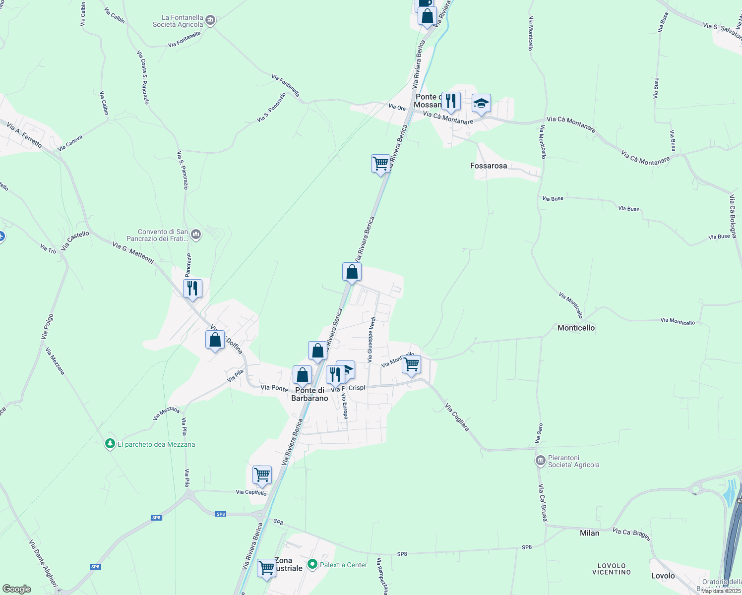 map of restaurants, bars, coffee shops, grocery stores, and more near 1 Via Perosi in Malo