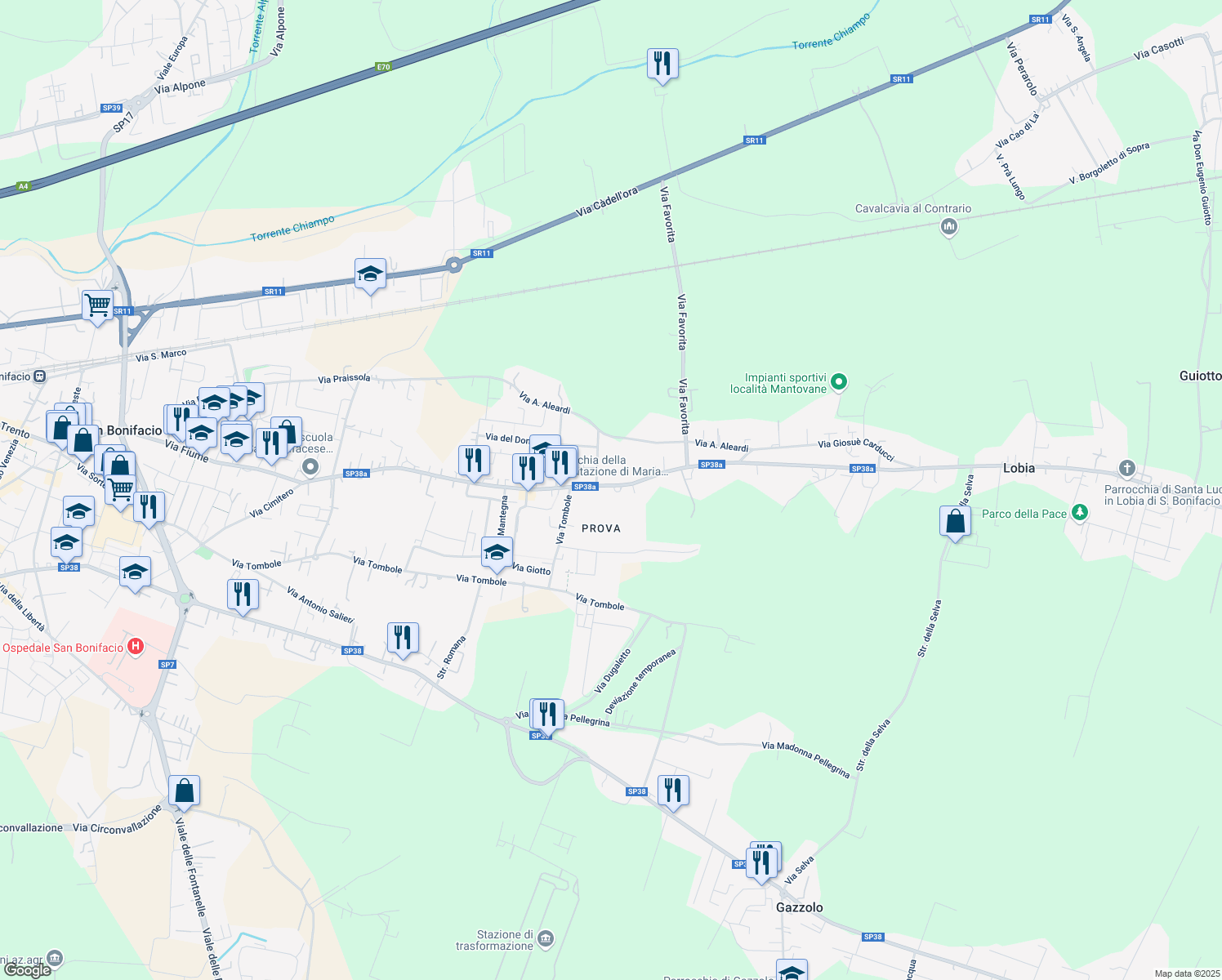 map of restaurants, bars, coffee shops, grocery stores, and more near 20 Via Caduti sul Lavoro in San Bonifacio
