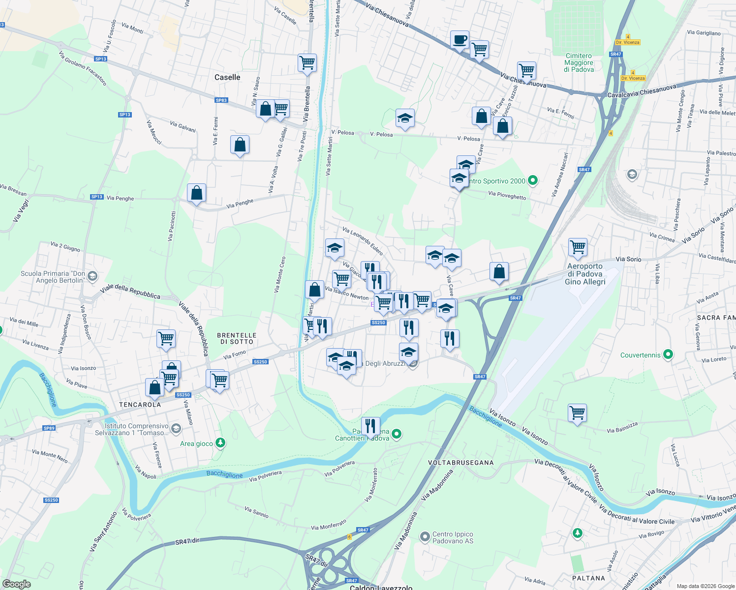map of restaurants, bars, coffee shops, grocery stores, and more near 23 Via Ciamician Giacomo in Padova