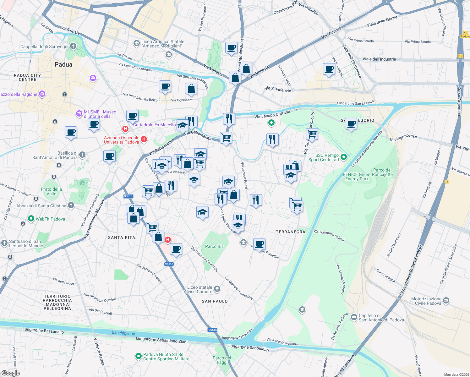 map of restaurants, bars, coffee shops, grocery stores, and more near Via Federico Cordenons in Padua