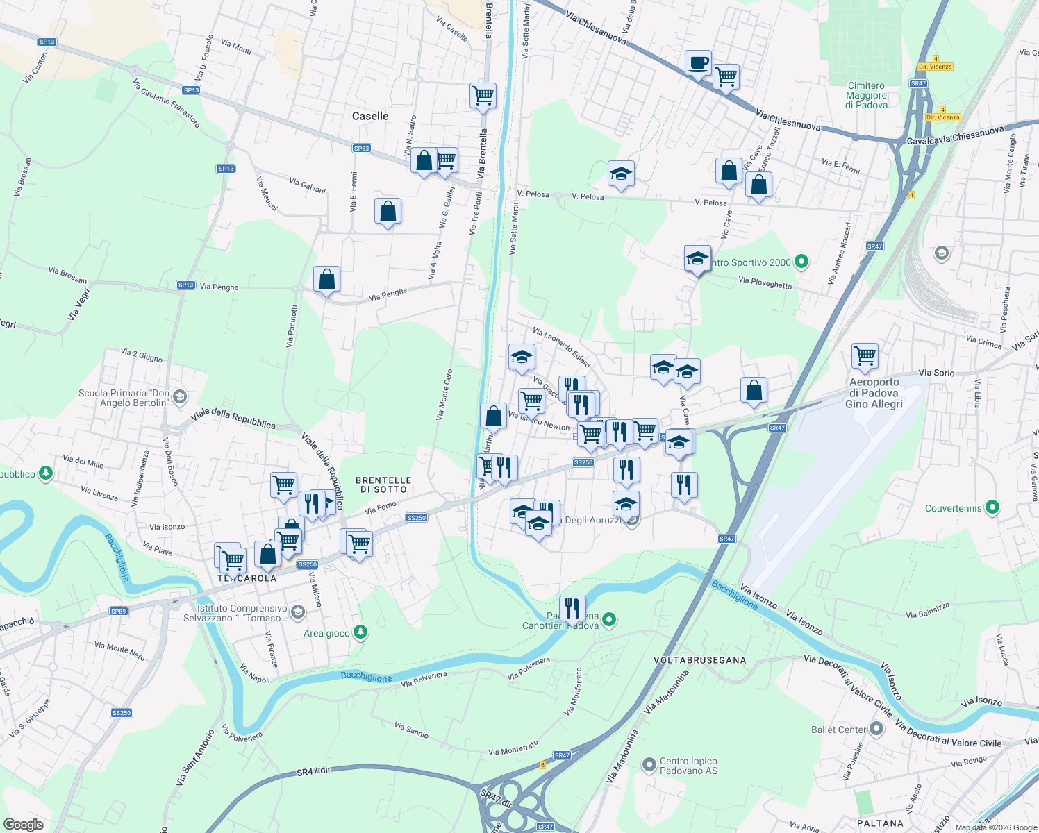map of restaurants, bars, coffee shops, grocery stores, and more near Via Bonaventura Cavalieri in Padova