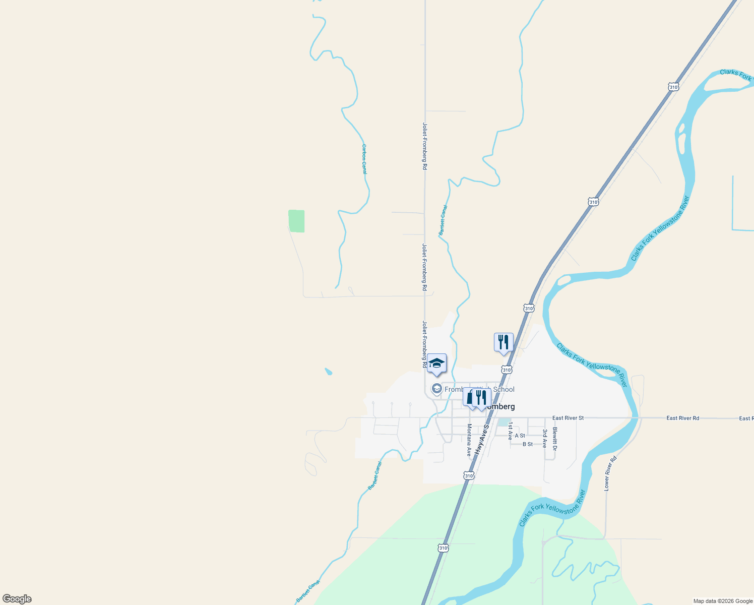 map of restaurants, bars, coffee shops, grocery stores, and more near 15 Gebo Road in Fromberg