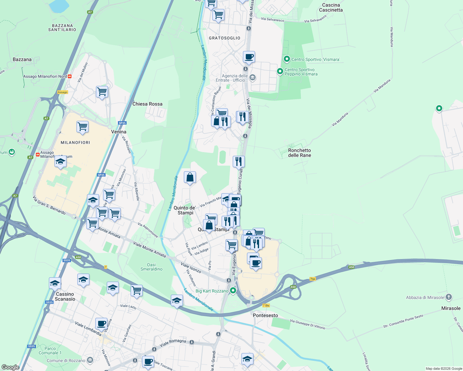 map of restaurants, bars, coffee shops, grocery stores, and more near 4D Via Franchi Maggi in Rozzano