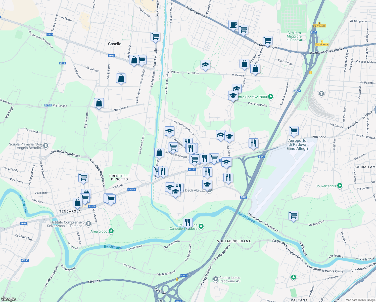 map of restaurants, bars, coffee shops, grocery stores, and more near 23 Via Giacomo Ciamician in Padova