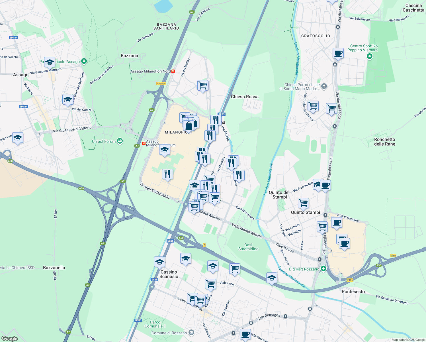 map of restaurants, bars, coffee shops, grocery stores, and more near 64 Via Monte Rosa in Rozzano
